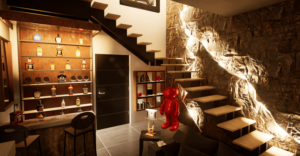 Une pièce moderne avec des escaliers flottants en bois, un mur en pierre avec des lumières encastrées, un bar domestique rempli de bouteilles, une porte noire, des étagères avec des livres et une figurine rouge posée sur une table noire.