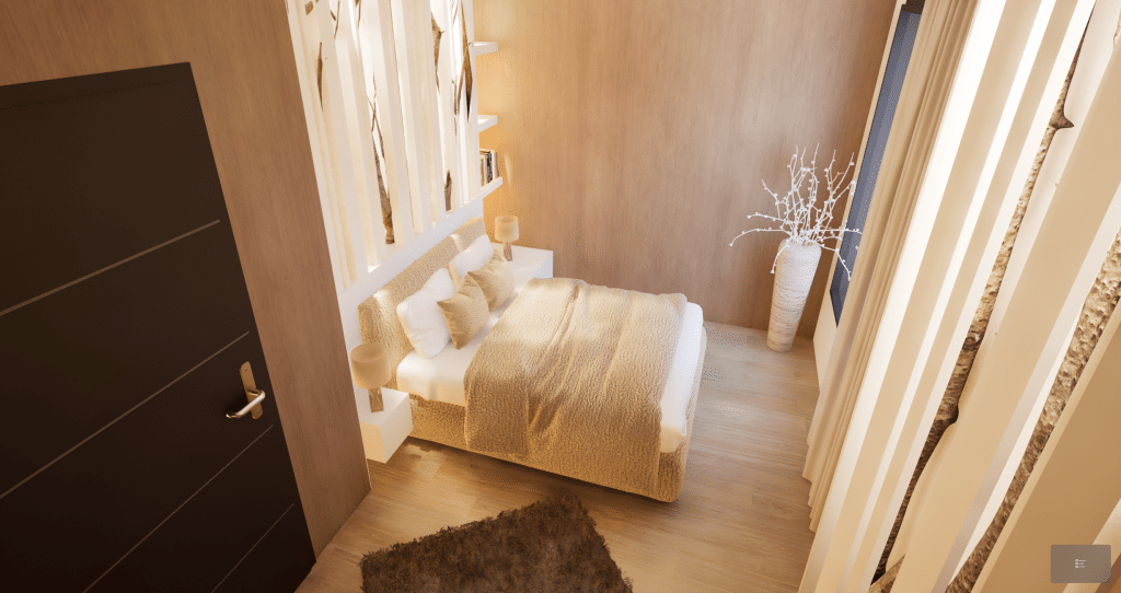 Une chambre à coucher moderne et confortable avec des planchers en bois clair, un lit double avec des draps beiges, deux tables de nuit avec des lampes, un grand vase avec des branches blanches et de grandes fenêtres couvertes par des rideaux diaphanes.