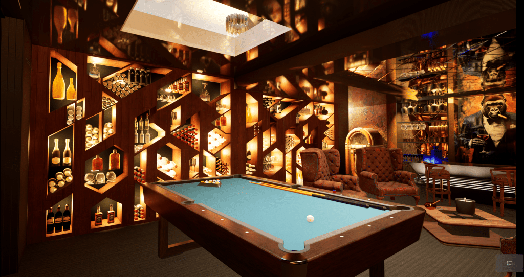 Un salon luxueux avec un billard, des étagères géométriques élégantes remplies de bouteilles et de verres, des fauteuils en peluche, un éclairage chaleureux et une peinture murale représentant un homme en smoking tenant un verre.