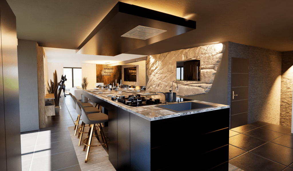 Cuisine moderne avec un grand îlot en marbre, des tabourets de bar, une table de cuisson encastrée, un mur d'accentuation en pierre, un éclairage chaleureux et une salle à manger ouverte à l'arrière-plan. Décoration contemporaine et finitions épurées dans tout l'espace.
