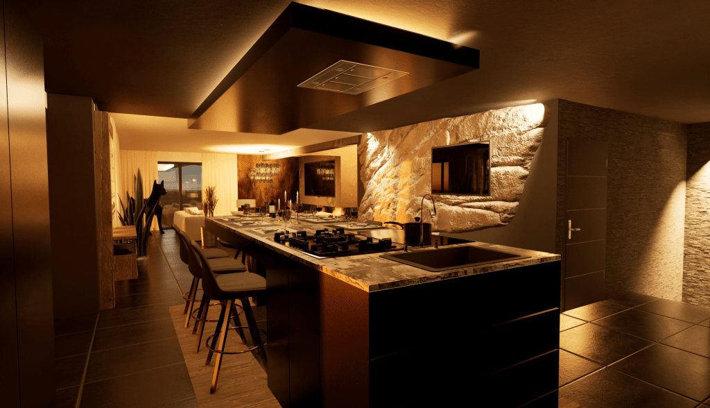 Cuisine ouverte de luxe avec des armoires sombres, un îlot en marbre, une plaque de cuisson au gaz et un évier. Un éclairage ambré chaleureux met en valeur un mur en pierre naturelle. Des tabourets de bar bordent l'îlot et mènent à une élégante salle à manger et à un salon.