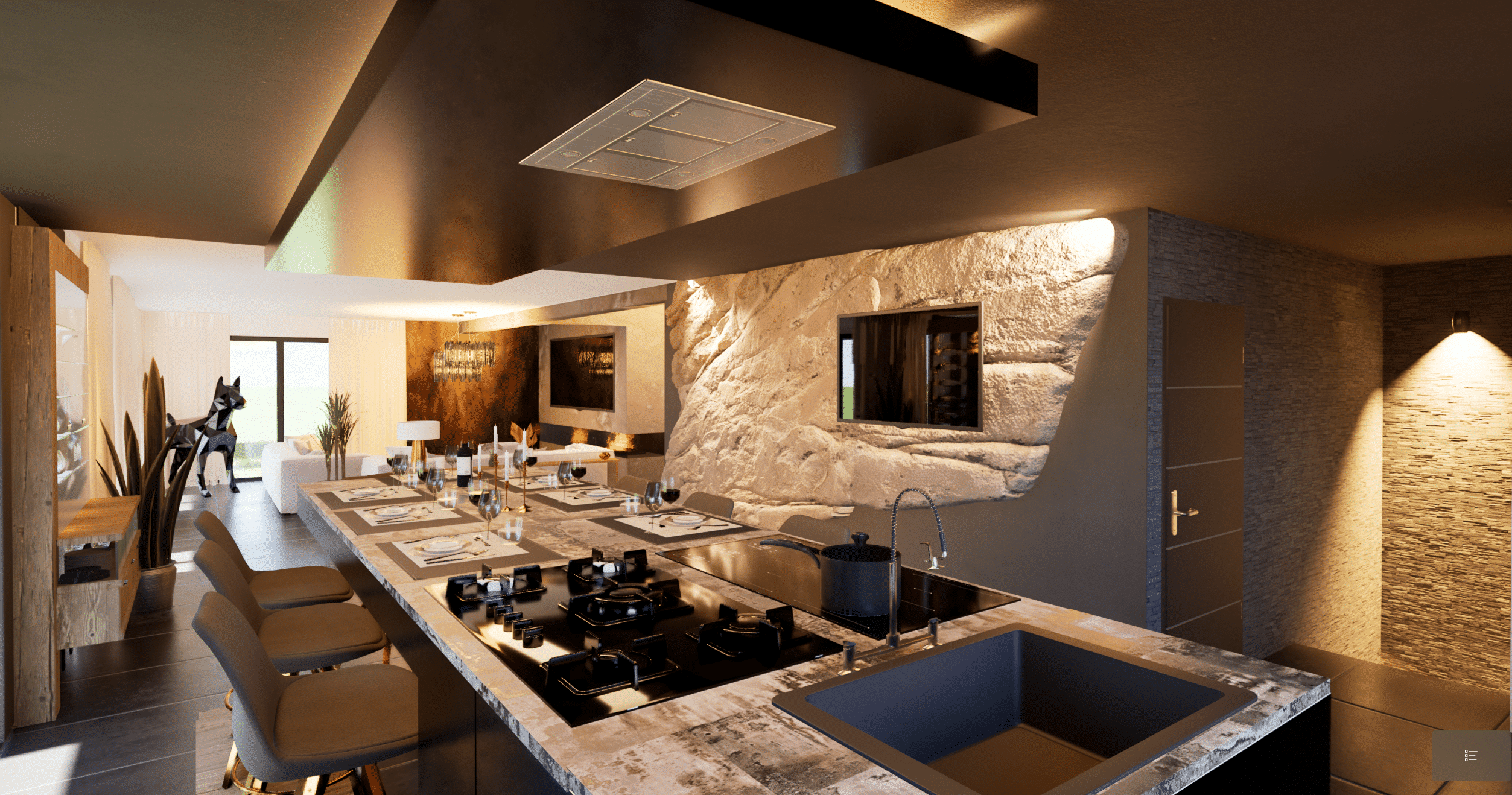Cuisine moderne avec mur d'accent en pierre, grand îlot avec évier et cuisinière, tabourets de bar et table de salle à manger ; l'agencement ouvert se prolonge par un espace de vie lumineux avec des œuvres d'art et la lumière naturelle des grandes fenêtres.