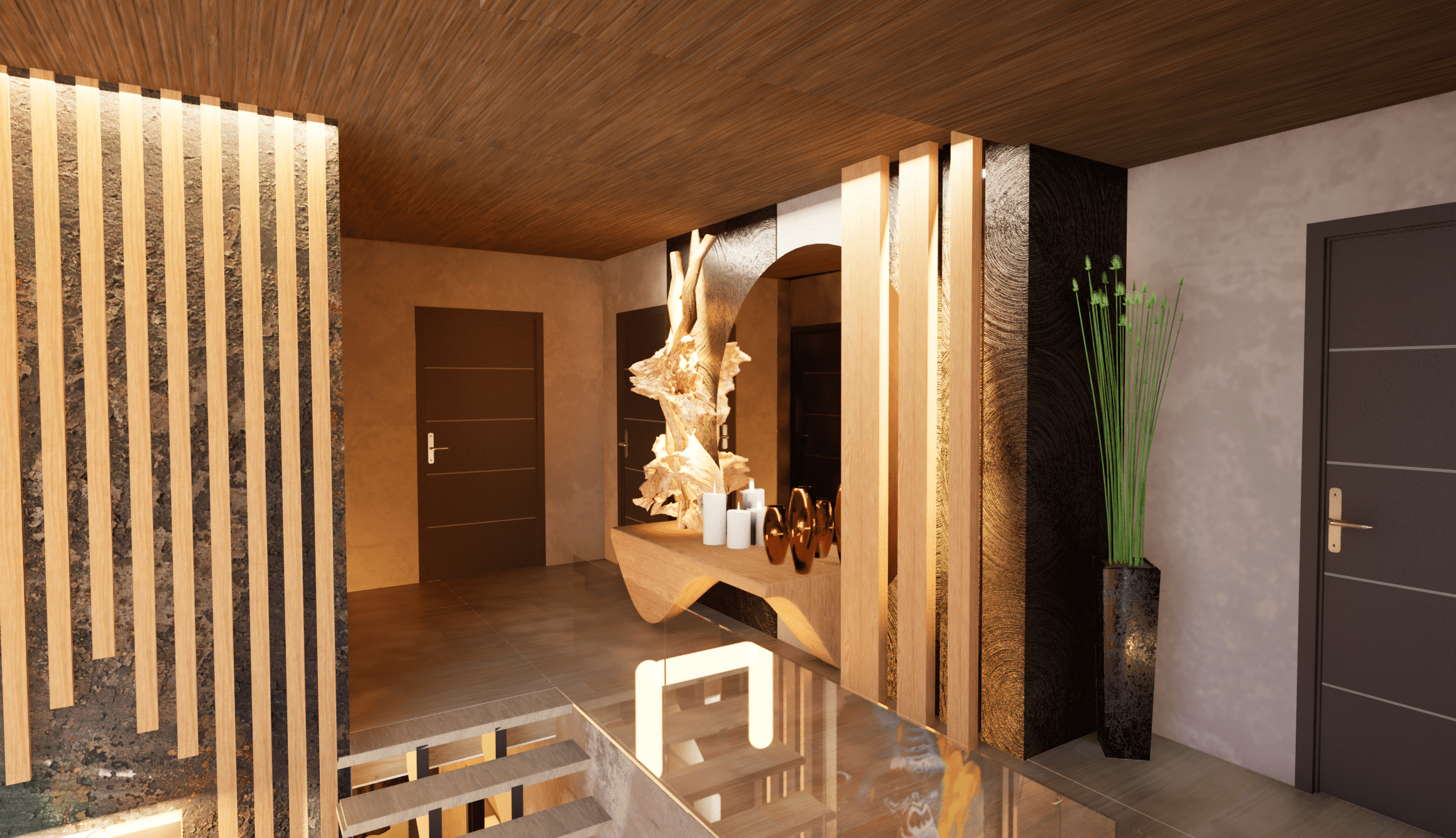 Couloir moderne avec plafond en bois et lambris décoratifs, présentant une console sculpturale en bois avec des œuvres d'art abstraites, un grand miroir et un grand vase avec des plantes vertes près d'une porte fermée.