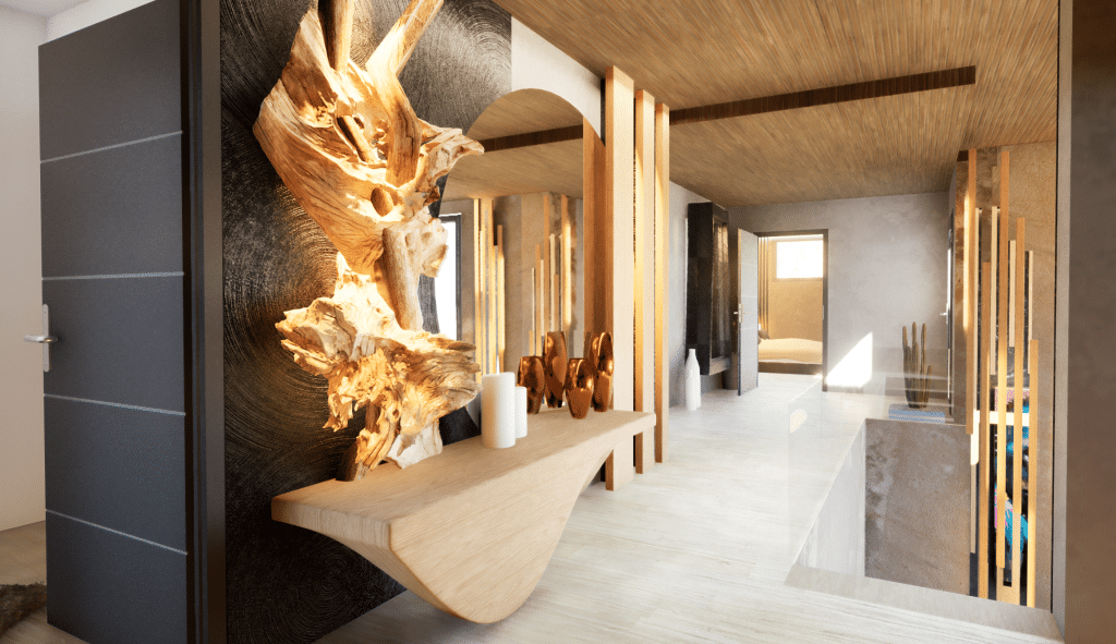 Un couloir moderne est agrémenté d'éléments en bois, d'une sculpture murale en bois flotté, d'une table console en bois incurvée avec des vases, de lattes de bois verticales et d'une vue sur une chambre à coucher éclairée par le soleil.