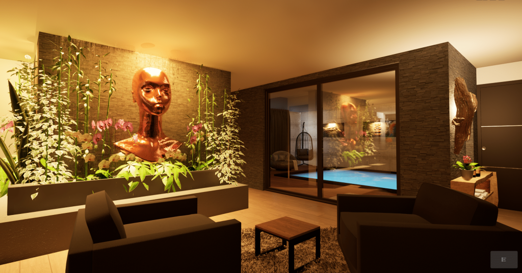 Un salon moderne est composé de fauteuils noirs, d'une petite table en bois, de plantes d'intérieur luxuriantes et d'un grand buste abstrait en cuivre. Un mur de verre révèle une piscine intérieure avec un fauteuil suspendu, créant une ambiance luxueuse et relaxante.