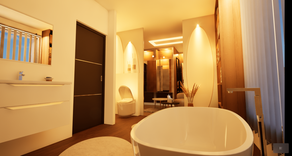Une salle de bains moderne avec une baignoire blanche, un lavabo à poser, des toilettes, un sol en bois et un éclairage chaleureux. De grands miroirs, des étagères encastrées et une porte coulissante sont également visibles.