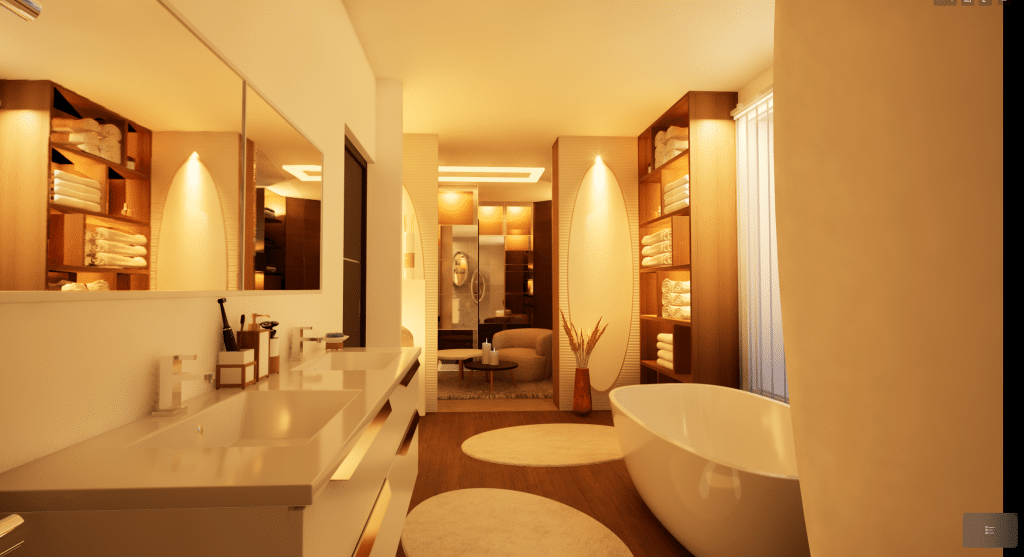 Salle de bains moderne avec une baignoire autoportante, de grands miroirs, un double lavabo, des étagères remplies de serviettes et un éclairage d'ambiance chaleureux. Un coin salon est visible à l'arrière-plan par une porte ouverte.