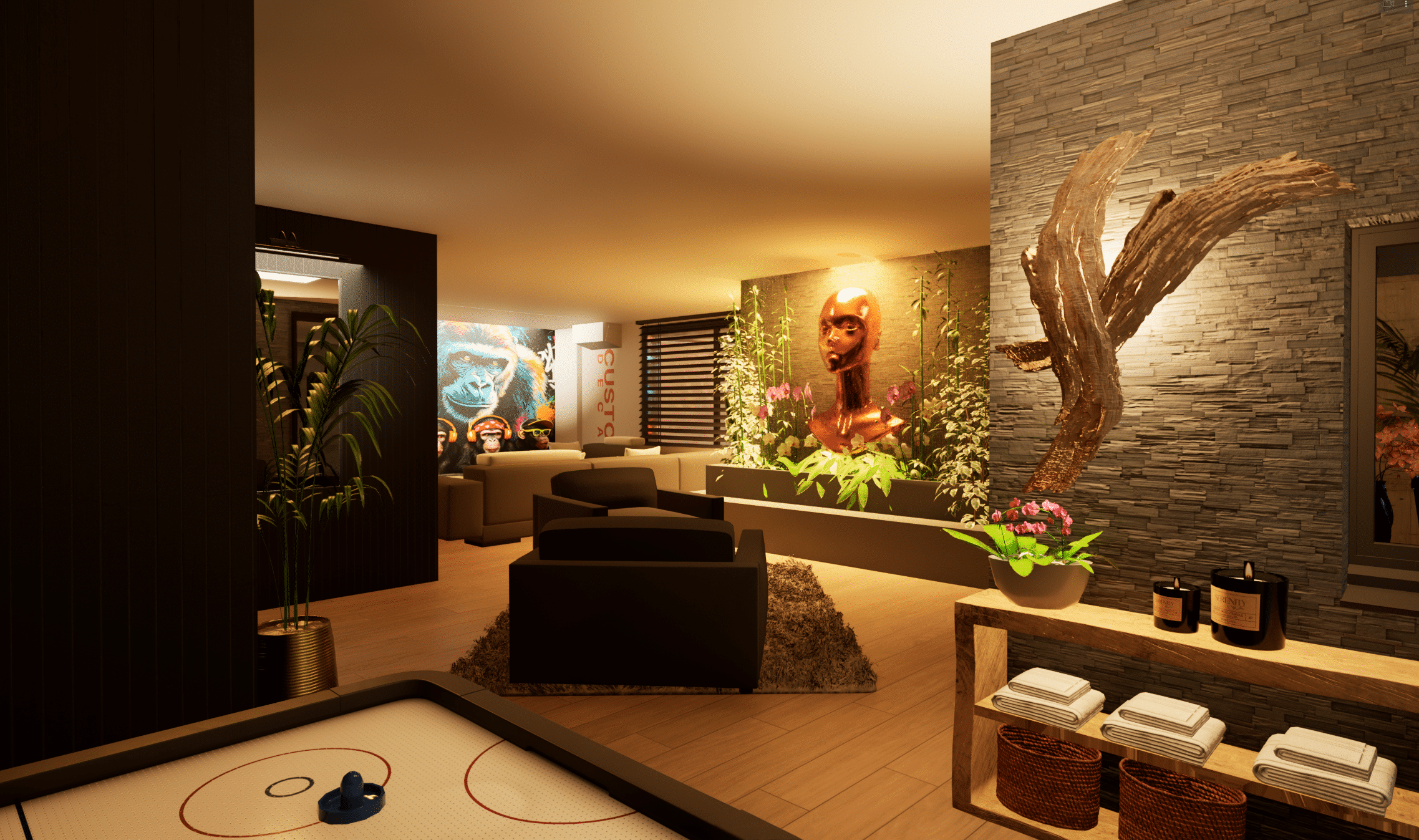 Un salon moderne avec des sièges confortables, des plantes d'intérieur, un éclairage doux, des œuvres d'art représentant des visages sur le mur, un mur d'accentuation en pierre avec des œuvres d'art en bois et une table d'air hockey au premier plan. Des serviettes et des paniers sont posés sur une console en bois.